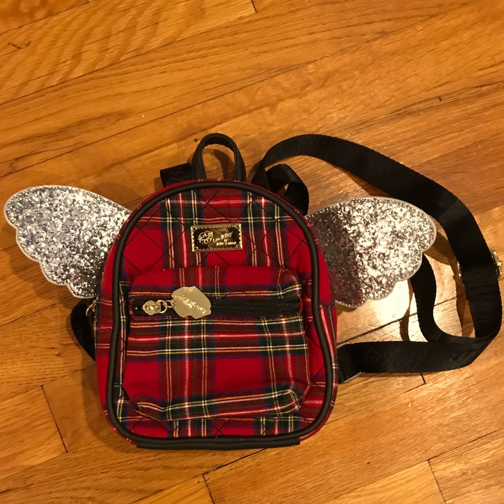 Betsey Johnson Luv Betsey Jessie Red Plaid Mini Winged Backpack EUC